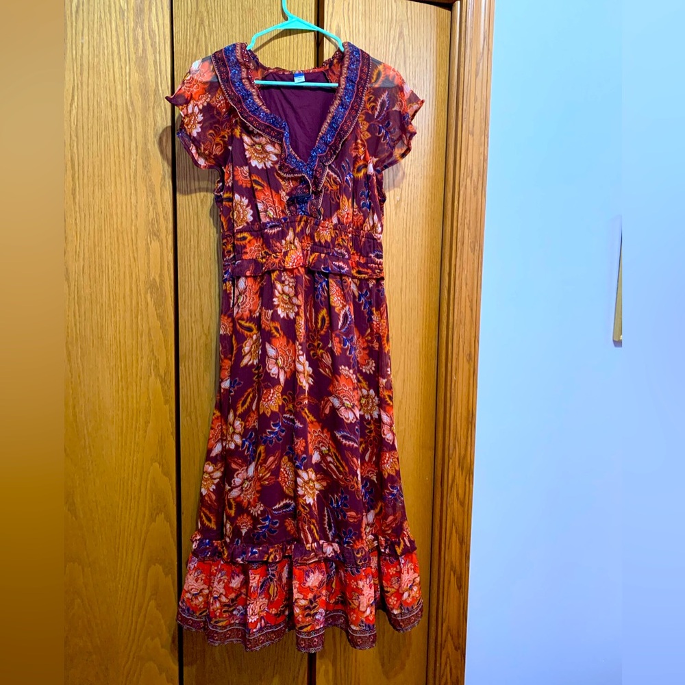Women’s Floral Boho Midi Dress - Burgundy Red